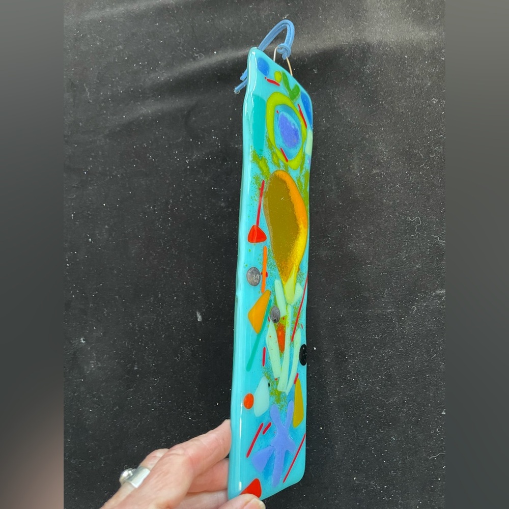“Magical Garden “Fused Art Glass  Hanging Plaque 10”x3” Aqua Blue - Picture 5 of 9